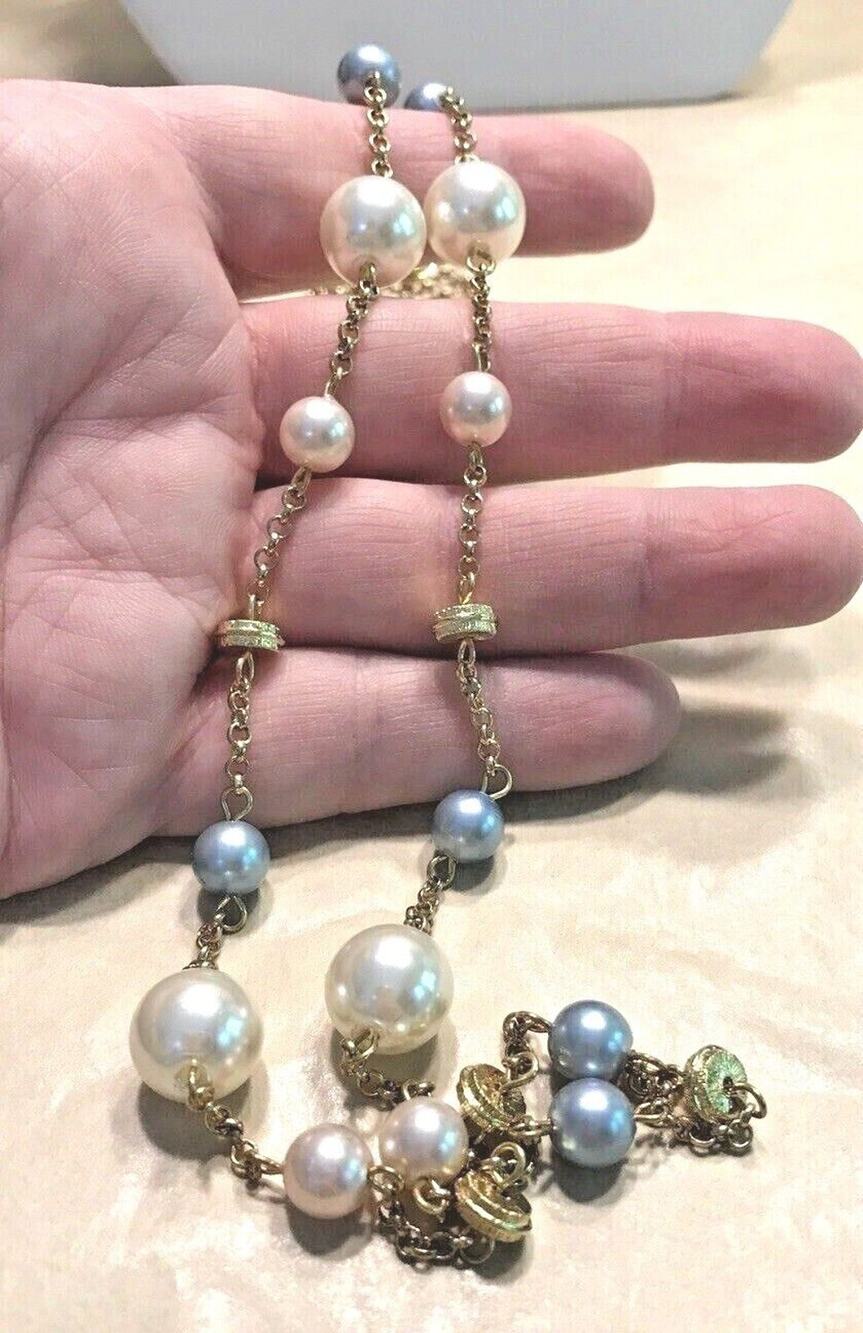 Romantic Pearl Finish Beaded Necklace White Gray & Rose Beads Gold Tone Chain